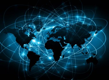 World map on a technological background, glowing lines symbols of the Internet, radio, television, mobile and satellite communications. clipart