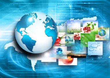 Global iş dünyasının en iyi internet kavramı. Küre, teknolojik arka planda parlayan çizgiler. Wi-Fi, ışınlar, semboller İnternet, 3 boyutlu illüstrasyon