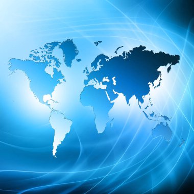 Dünya Haritası üzerinde teknolojik bir arka plan, parlak çizgiler semboller Internet, radyo, televizyon, telefon ve uydu iletişim.