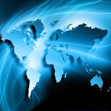 Dünya Haritası üzerinde teknolojik bir arka plan, parlak çizgiler semboller Internet, radyo, televizyon, telefon ve uydu iletişim.