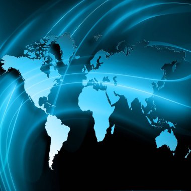 Dünya Haritası üzerinde teknolojik bir arka plan, parlak çizgiler semboller Internet, radyo, televizyon, telefon ve uydu iletişim.