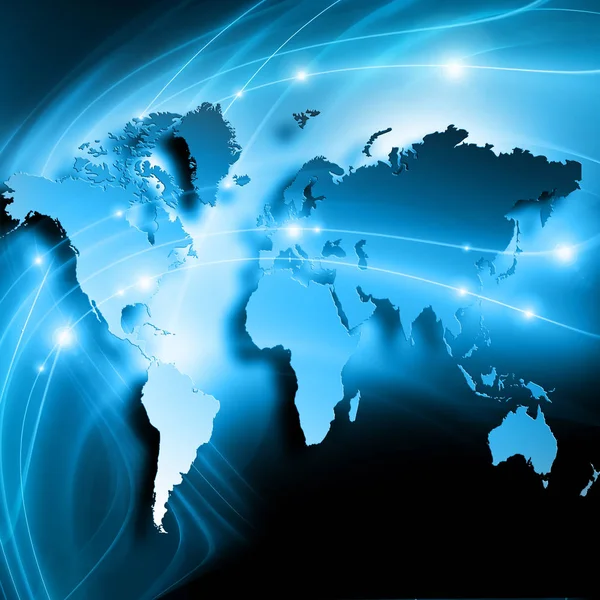 Mapa del mundo sobre un fondo tecnológico, líneas luminosas símbolos de Internet, radio, televisión, comunicaciones móviles y por satélite . — Foto de Stock