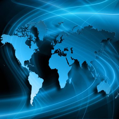 Dünya Haritası üzerinde teknolojik bir arka plan, parlak çizgiler semboller Internet, radyo, televizyon, telefon ve uydu iletişim.