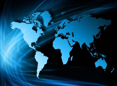 Dünya Haritası üzerinde teknolojik bir arka plan, parlak çizgiler semboller Internet, radyo, televizyon, telefon ve uydu iletişim.