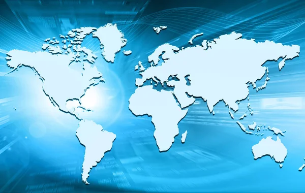 Παγκόσμιο χάρτη σε ένα τεχνολογικό υπόβαθρο, λαμπερό γραμμές σύμβολα του Διαδίκτυο, ραδιόφωνο, τηλεόραση, κινητές και δορυφορικές επικοινωνίες. — Φωτογραφία Αρχείου