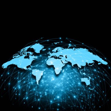 Dünya Haritası üzerinde teknolojik bir arka plan, parlak çizgiler semboller Internet, radyo, televizyon, telefon ve uydu iletişim.