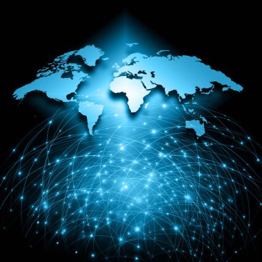 Dünya Haritası üzerinde teknolojik bir arka plan, parlak çizgiler semboller Internet, radyo, televizyon, telefon ve uydu iletişim.