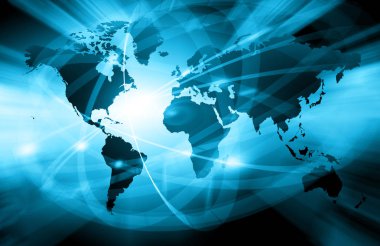 Global iş dünyasının en iyi internet kavramı. Küre, teknolojik arka planda parlayan çizgiler. Wi-Fi, ışınlar, semboller İnternet, 3 boyutlu illüstrasyon