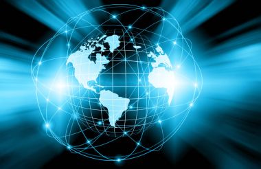 Global iş dünyasının en iyi internet kavramı. Küre, teknolojik arka planda parlayan çizgiler. Wi-Fi, ışınlar, semboller İnternet, 3 boyutlu illüstrasyon
