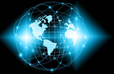 Global iş dünyasının en iyi internet kavramı. Küre, teknolojik arka planda parlayan çizgiler. Wi-Fi, ışınlar, semboller İnternet, 3 boyutlu illüstrasyon