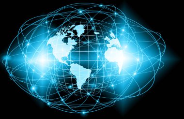 Global iş dünyasının en iyi internet kavramı. Küre, teknolojik arka planda parlayan çizgiler. Wi-Fi, ışınlar, semboller İnternet, 3 boyutlu illüstrasyon