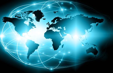 Global iş dünyasının en iyi internet kavramı. Küre, teknolojik arka planda parlayan çizgiler. Wi-Fi, ışınlar, semboller İnternet, 3 boyutlu illüstrasyon