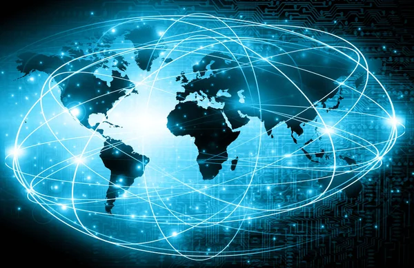 Mejor Concepto de Internet de los negocios globales. Globo, líneas brillantes en el fondo tecnológico. Wi-Fi, rayos, símbolos Internet, ilustración 3D —  Fotos de Stock