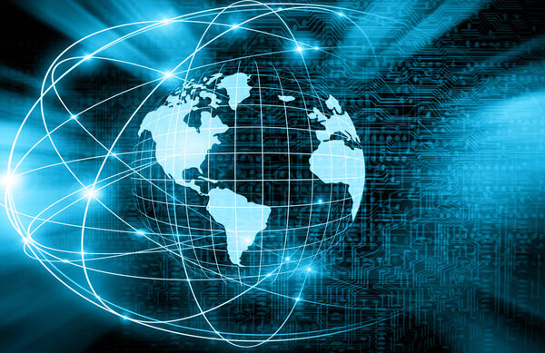 Лучший интернет-проект глобального бизнеса. Глобус, светящиеся линии на технологическом фоне. Wi-Fi, лучи, символы Интернет, 3D иллюстрация
