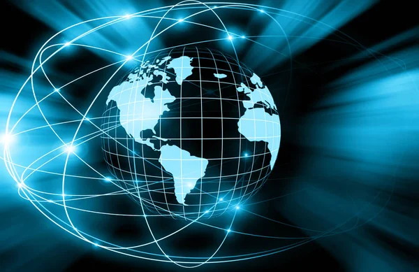 Beste Internet Concept van de wereldwijde business. Globe, gloeiende lijnen op technologische achtergrond. Wi-Fi, stralen, symbolen Internet, 3D illustratie — Stockfoto