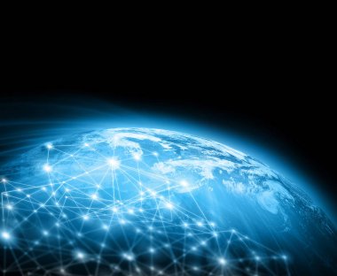 Dünyadan Uzaya. Kavram serisinden küresel iş dünyasının en iyi internet kavramı. Bu görüntünün elementleri NASA tarafından döşenmiştir. 3B illüstrasyon