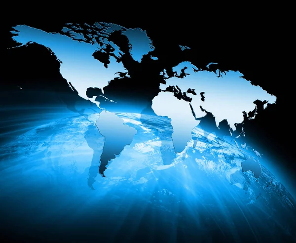 Mapa del mundo sobre un fondo tecnológico, líneas luminosas símbolos de Internet, radio, televisión, comunicaciones móviles y por satélite . — Foto de Stock