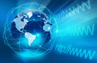 Global iş dünyasının en iyi internet kavramı. Küre, teknolojik arka planda parlayan çizgiler. Wi-Fi, ışınlar, semboller İnternet, 3 boyutlu illüstrasyon