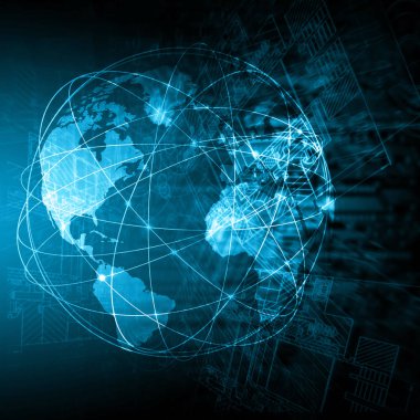 Global iş dünyasının en iyi internet kavramı. Küre, teknolojik arka planda parlayan çizgiler. Wi-Fi, ışınlar, semboller İnternet, 3 boyutlu illüstrasyon