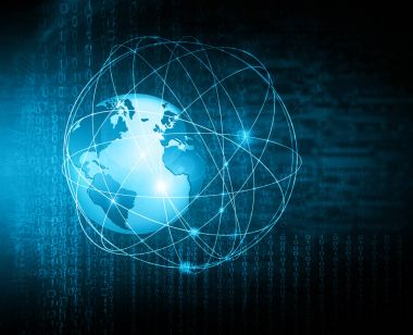 Global iş dünyasının en iyi internet kavramı. Küre, teknolojik arka planda parlayan çizgiler. Wi-Fi, ışınlar, semboller İnternet, 3 boyutlu illüstrasyon