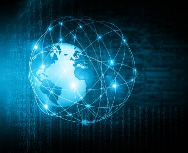 Global iş dünyasının en iyi internet kavramı. Küre, teknolojik arka planda parlayan çizgiler. Wi-Fi, ışınlar, semboller İnternet, 3 boyutlu illüstrasyon