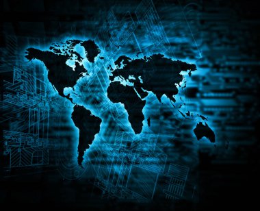 Dünya Haritası üzerinde teknolojik bir arka plan, parlak çizgiler semboller Internet, radyo, televizyon, telefon ve uydu iletişim.