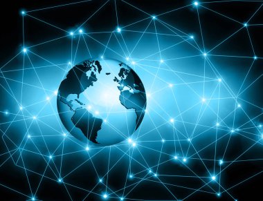 Global iş dünyasının en iyi internet kavramı. Küre, teknolojik arka planda parlayan çizgiler. Wi-Fi, ışınlar, semboller İnternet, 3 boyutlu illüstrasyon