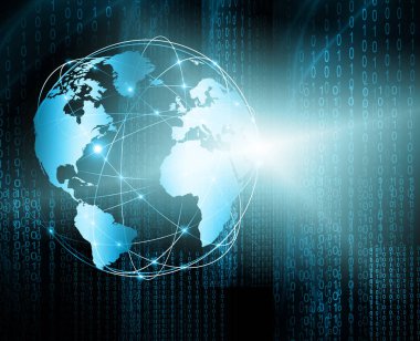 Global iş dünyasının en iyi internet kavramı. Küre, teknolojik arka planda parlayan çizgiler. Wi-Fi, ışınlar, semboller İnternet, 3 boyutlu illüstrasyon