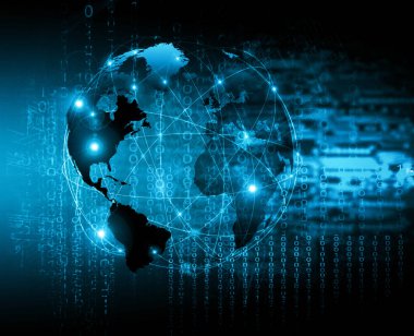 Global iş dünyasının en iyi internet kavramı. Küre, teknolojik arka planda parlayan çizgiler. Wi-Fi, ışınlar, semboller İnternet, 3 boyutlu illüstrasyon
