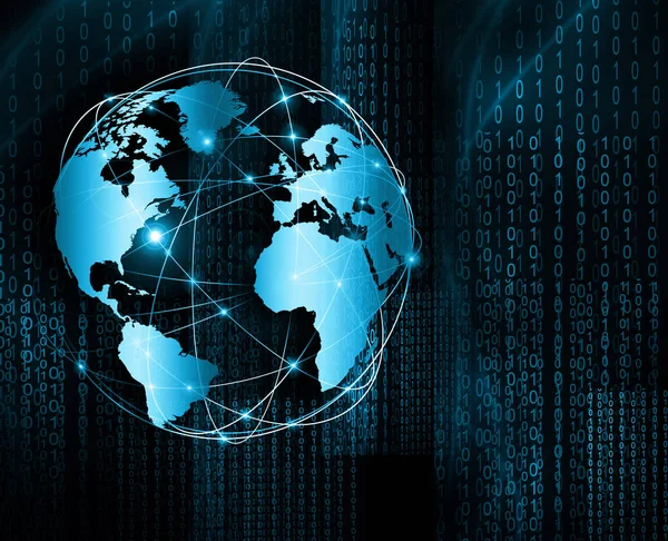 Global iş dünyasının en iyi internet kavramı. Küre, teknolojik arka planda parlayan çizgiler. Wi-Fi, ışınlar, semboller İnternet, 3 boyutlu illüstrasyon