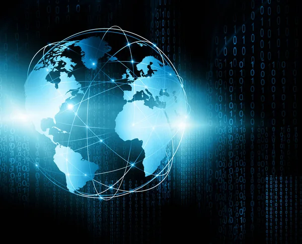 Global iş dünyasının en iyi internet kavramı. Küre, teknolojik arka planda parlayan çizgiler. Wi-Fi, ışınlar, semboller İnternet, 3 boyutlu illüstrasyon