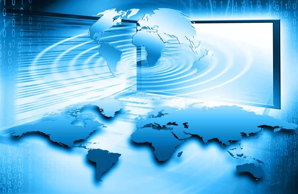 Mapa del mundo sobre un fondo tecnológico, líneas luminosas símbolos de Internet, radio, televisión, comunicaciones móviles y por satélite . —  Fotos de Stock