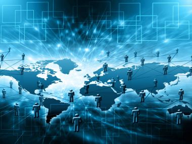 Dünya Haritası üzerinde teknolojik bir arka plan, parlak çizgiler semboller Internet, radyo, televizyon, telefon ve uydu iletişim.