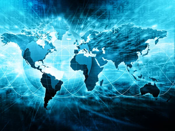 Mapa světa na technologické zázemí, zářící linky symboly z Internetu, rozhlasu, televize, mobilní a satelitní komunikace. — Stock fotografie