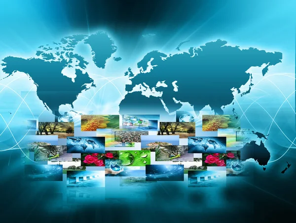 衛星通信、インターネット、ラジオ、テレビ、携帯電話の白熱の線記号技術背景上の世界地図. — ストック写真