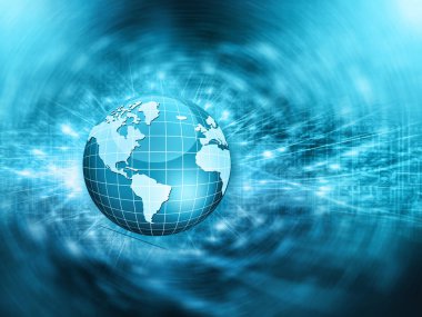 Global iş dünyasının en iyi internet kavramı. Küre, teknolojik arka planda parlayan çizgiler. Wi-Fi, ışınlar, semboller İnternet, 3 boyutlu illüstrasyon