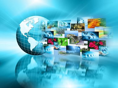 Global iş dünyasının en iyi internet kavramı. Küre, teknolojik arka planda parlayan çizgiler. Wi-Fi, ışınlar, semboller İnternet, 3 boyutlu illüstrasyon