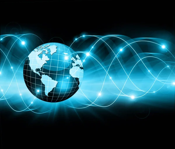 Cel mai bun concept de internet al afacerilor globale. Globe, linii strălucitoare pe fundal tehnologic. Wi-Fi, raze, simboluri Internet, ilustrație 3D — Fotografie, imagine de stoc