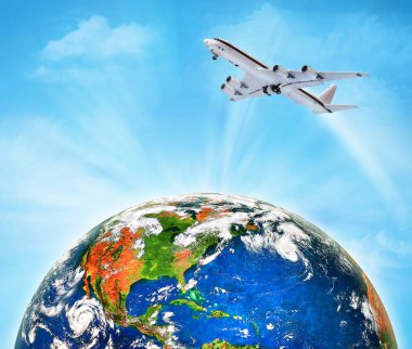 Dünyadan Uzaya. Kavram serisinden küresel iş dünyasının en iyi internet kavramı. Bu görüntünün elementleri NASA tarafından döşenmiştir. 3B illüstrasyon