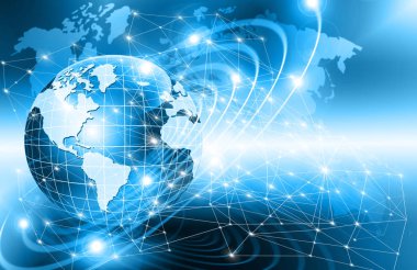 Global iş dünyasının en iyi internet kavramı. Küre, teknolojik arka planda parlayan çizgiler. Wi-Fi, ışınlar, semboller İnternet, 3 boyutlu illüstrasyon