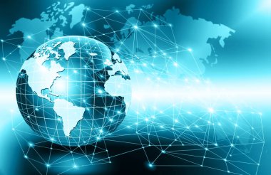 Global iş dünyasının en iyi internet kavramı. Küre, teknolojik arka planda parlayan çizgiler. Wi-Fi, ışınlar, semboller İnternet, 3 boyutlu illüstrasyon