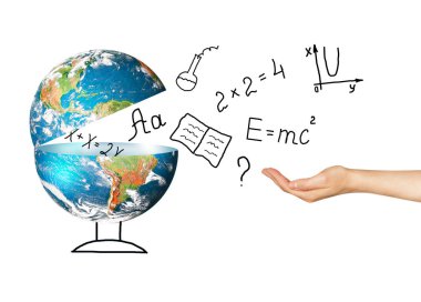 Küre ve sembolleri okul. Eğitim kavramı. Resimde 3d eğitim kavramı. Geri okul kavramı.
