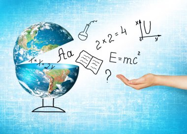 Küre ve sembolleri okul. Eğitim kavramı. Resimde 3d eğitim kavramı. Geri okul kavramı.