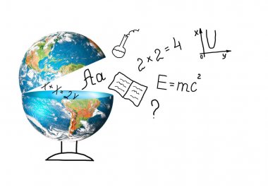 Küre ve sembolleri okul. Eğitim kavramı. Resimde 3d eğitim kavramı. Geri okul kavramı.