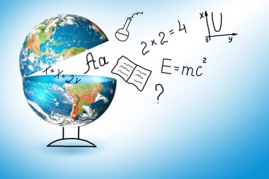 Küre ve sembolleri okul. Eğitim kavramı. Resimde 3d eğitim kavramı. Geri okul kavramı.