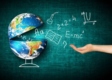 Küre ve sembolleri okul. Eğitim kavramı. Resimde 3d eğitim kavramı. Geri okul kavramı.