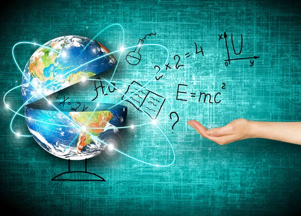 Küre ve sembolleri okul. Eğitim kavramı. Resimde 3d eğitim kavramı. Geri okul kavramı.