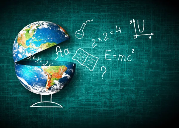 Küre ve sembolleri okul. Eğitim kavramı. Resimde 3d eğitim kavramı. Geri okul kavramı.