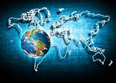 Dünyadan Uzaya. Kavram serisinden küresel iş dünyasının en iyi internet kavramı. Bu görüntünün elementleri NASA tarafından döşenmiştir. 3B illüstrasyon
