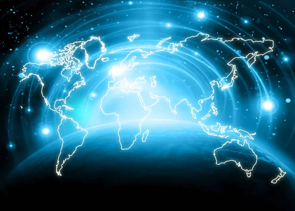 World map on a technological background, glowing lines symbols of the Internet, radio, television, mobile and satellite communications. — Stock Photo, Image